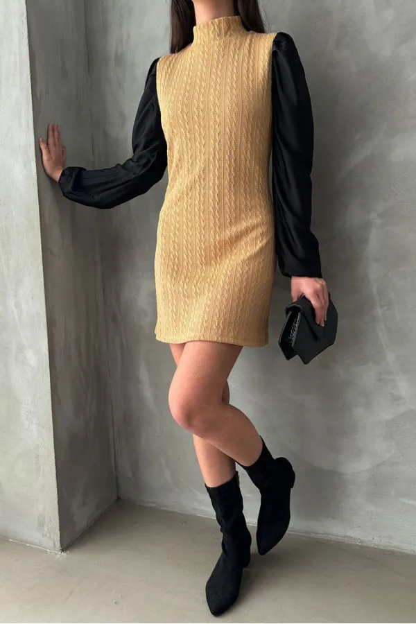 Leather Sleeve Turtleneck Knee-Length Wholesale Dress - Camel | TOPSHOW | F1143