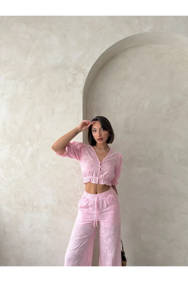 Embroidered Blouse with Scallop Detail - Pink | Topshow