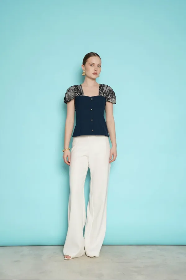 Boat Neck Blouse with Lace Detail on Shoulder - Navy Blue | D2994 - Topshow