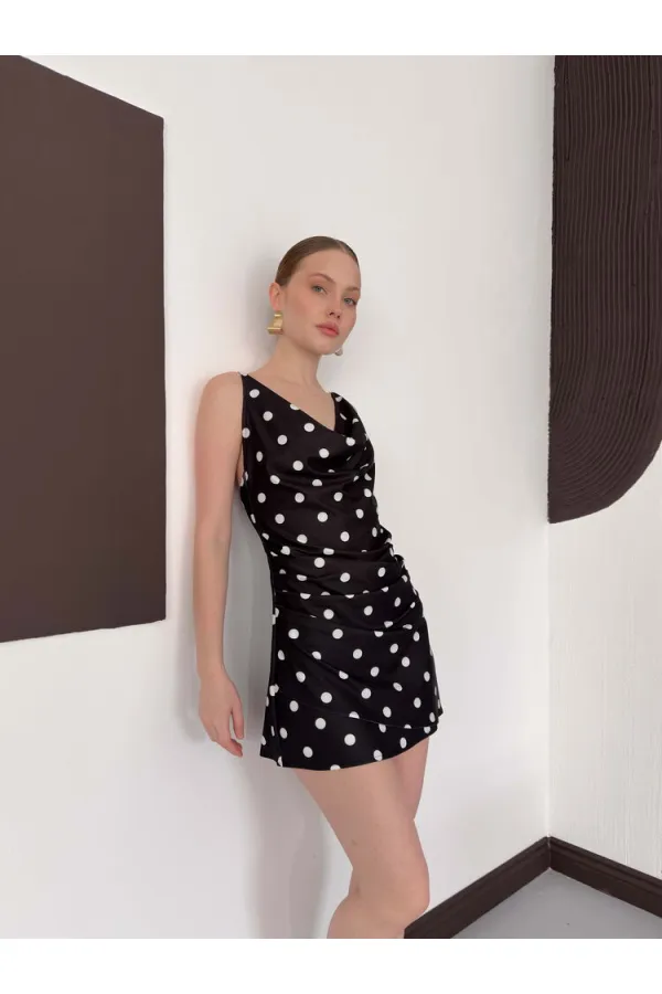 Puantiye Baskılı Elbise - Siyah Krem | D3024 Topshow