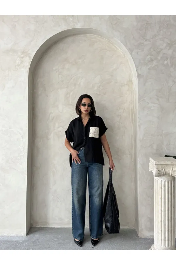 Chemise en lin noir brut Topshow avec poche appliquée et poche appliquée - Vente en gros