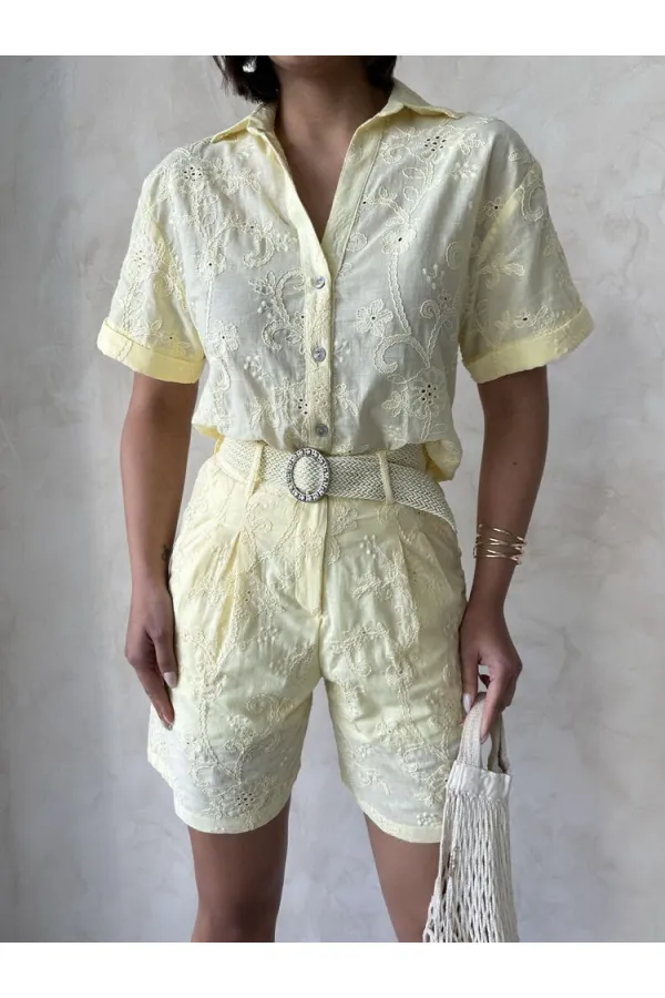 Nakışlı Vual Gömlek - Sarı Topshow