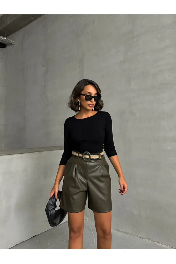 Kemerli Deri Toptan Şort - Haki | TOPSHOW | F1497