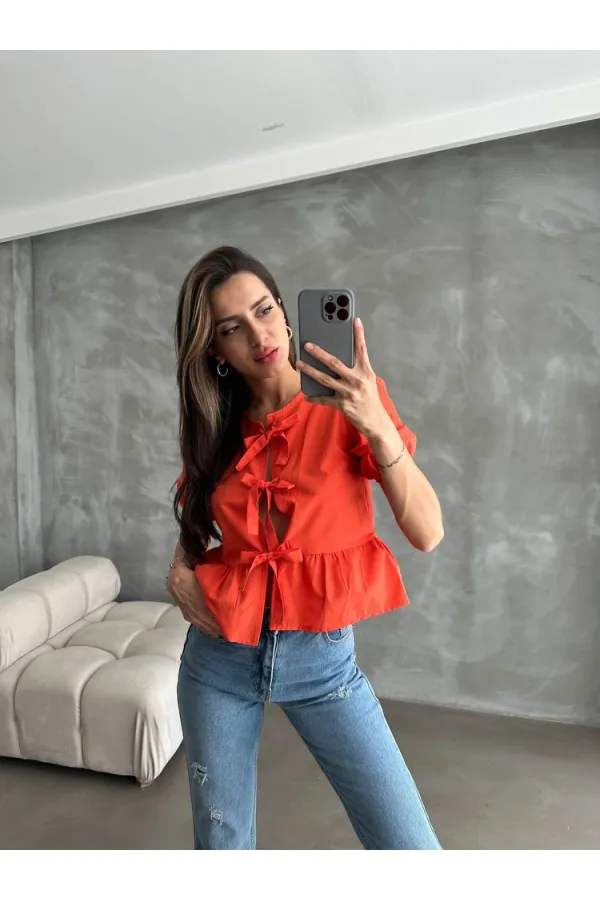 Topshow Orange Front Tie Poplin Wholesale Blouse