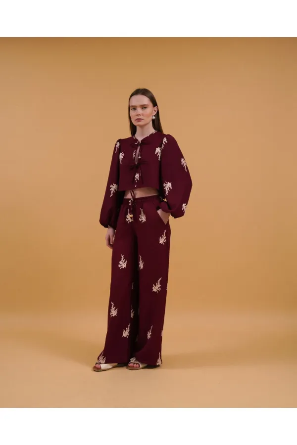 Front-Tie Embroidered Wholesale Blouse - Claret Red | Topshow | F1711