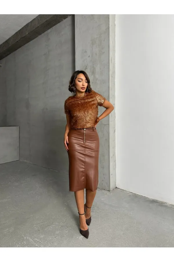 Simli Saçaklı Toptan Bluz - Kahve | TOPSHOW | F1832
