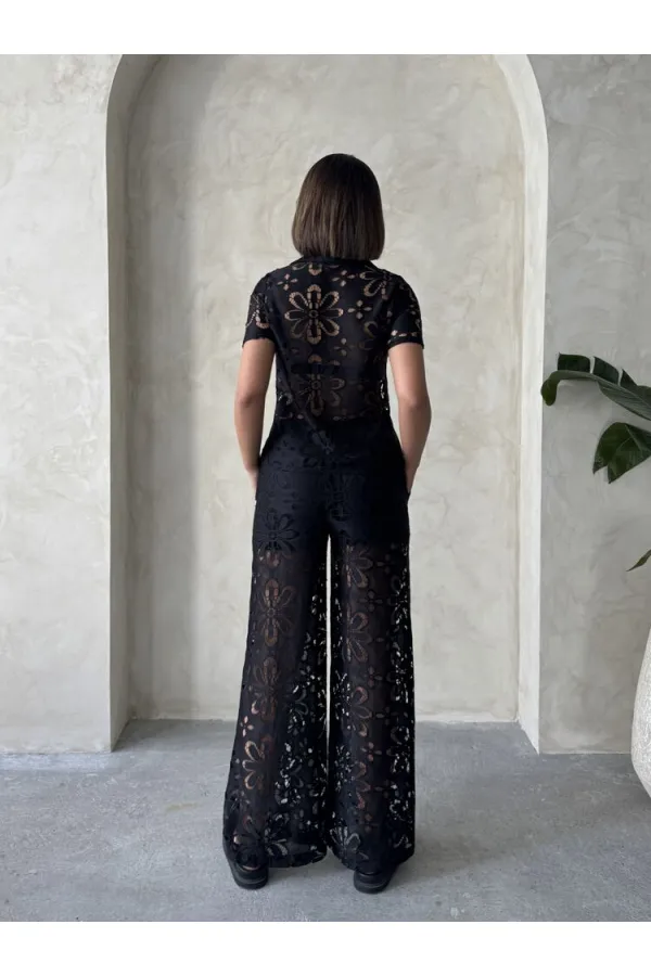 Toptan Gömlek Yaka Dantel Toptan Bluz - Siyah | Topshow