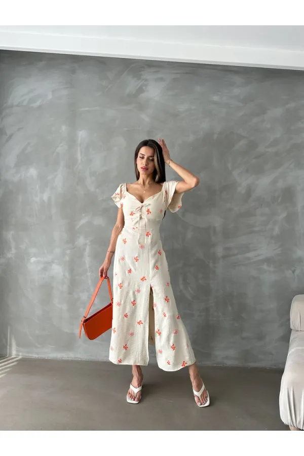Topshow Orange Pattern Ruffle Sleeve Tied Wholesale Dress