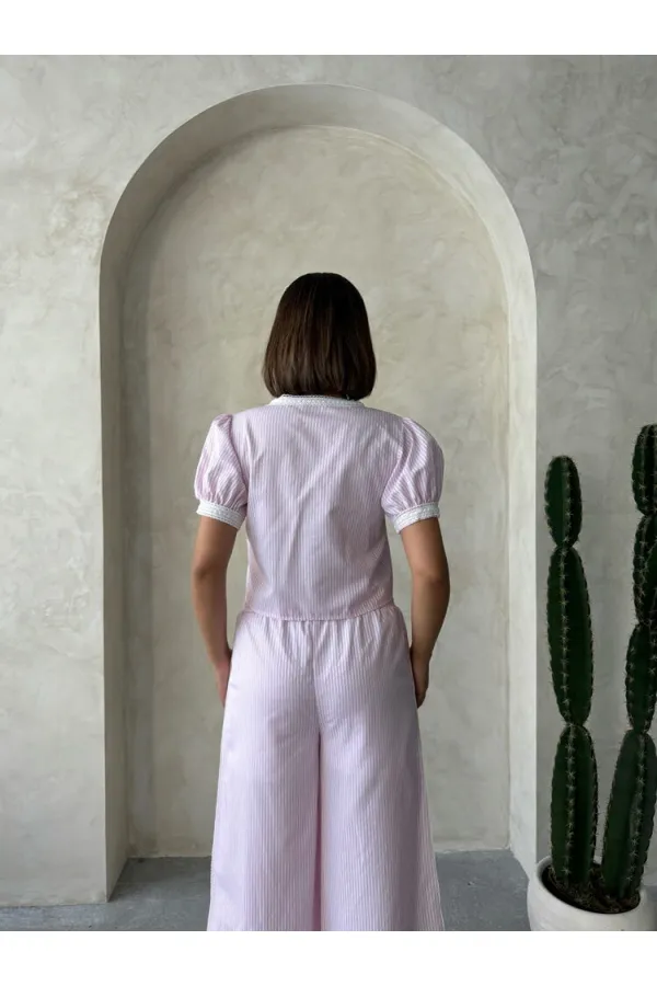 Guipure Detailed Striped Blouse - Pink | topshow