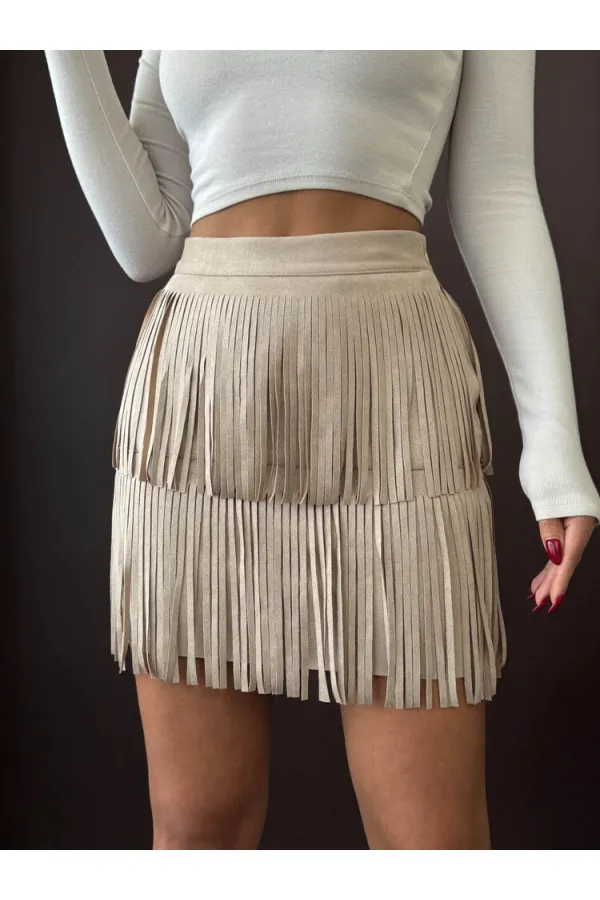 Topshow Tasseled Scuba Suede Wholesale Skirt - Stone | F2030
