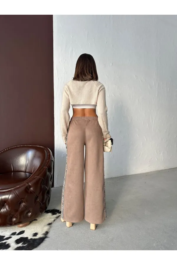 Pantalon Topshow en daim scuba à rayures - Marron clair | F1972