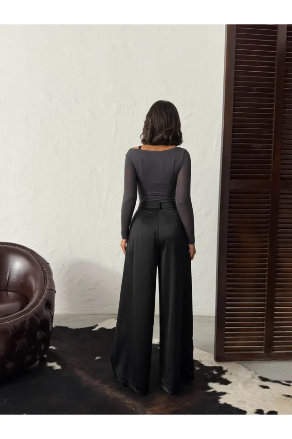 Yüksek Bel Bol Paça Saten Pantolon – Şık Ve Rahat Tasarım - Siyah | F2052