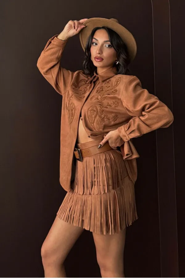 Topshow Tasseled Scuba Suede Skirt - Tan | F2030