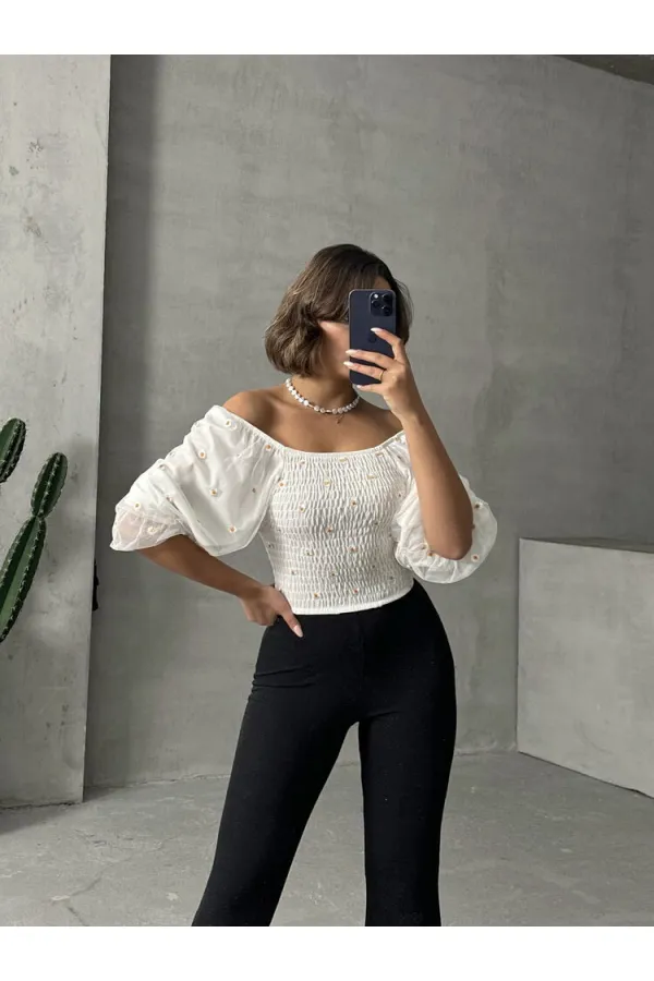 Gipeli Papatya Desenli Toptan Bluz - Krem | TOPSHOW | F0988