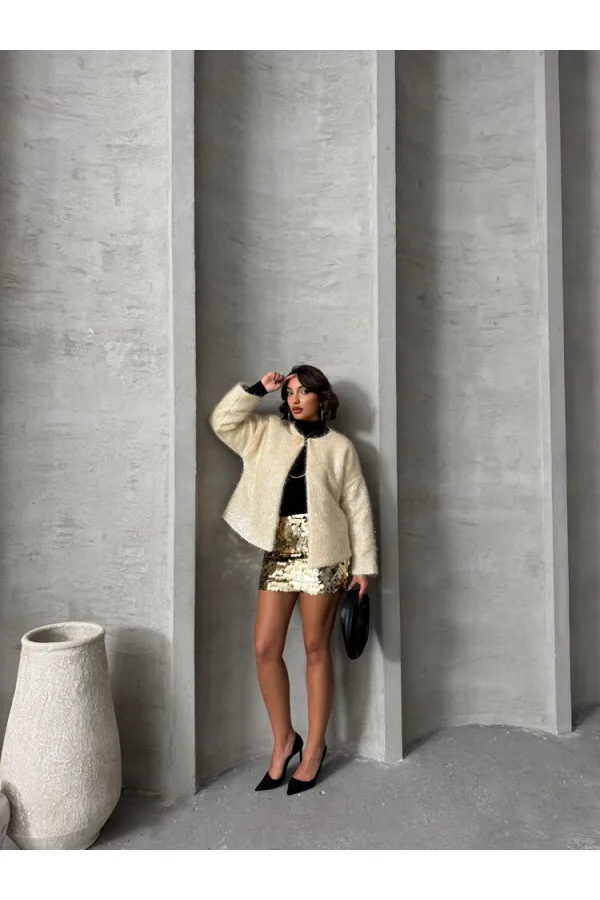 Simli Saçaklı Toptan Hırka - Krem | TOPSHOW | F1837