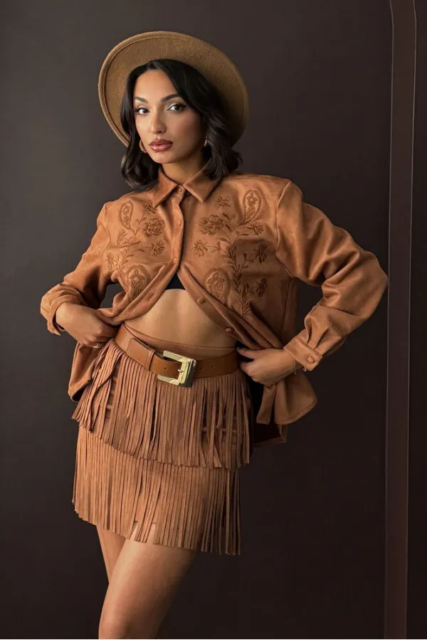 Topshow Tasseled Scuba Suede Skirt - Tan | F2030