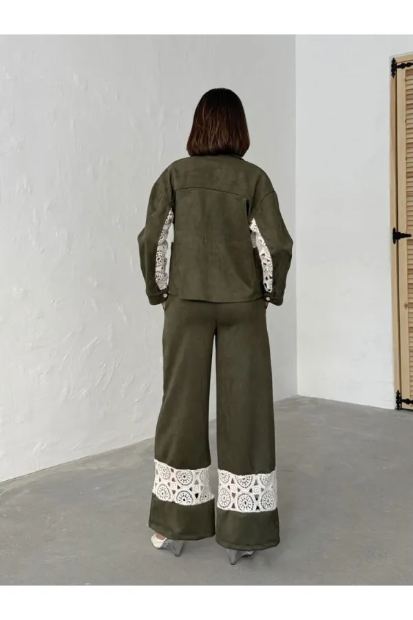 Dantel Detaylı Geniş Paça Kadın Pantolon - Haki | Topshow | F1958