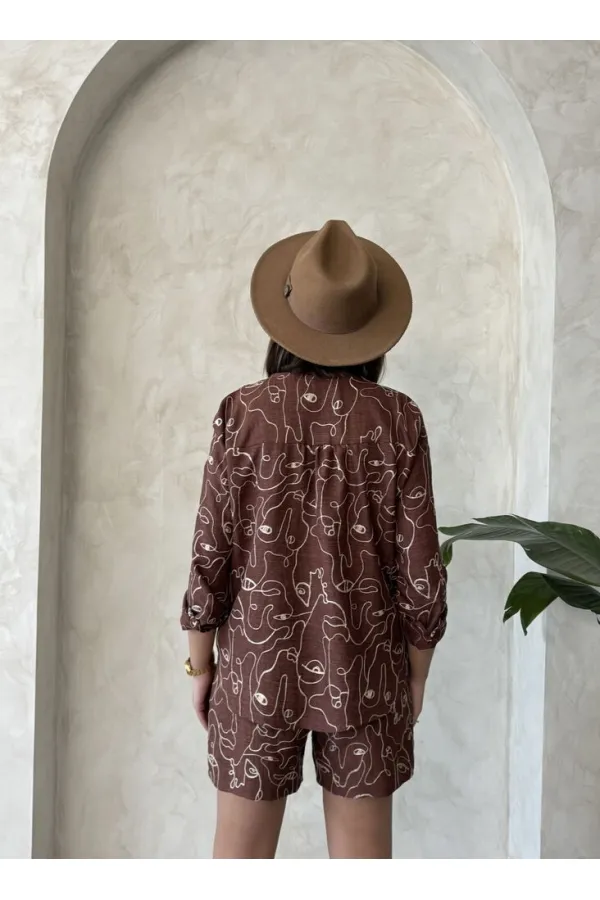 Nakışlı Toptan Şort - Kahve | Topshow