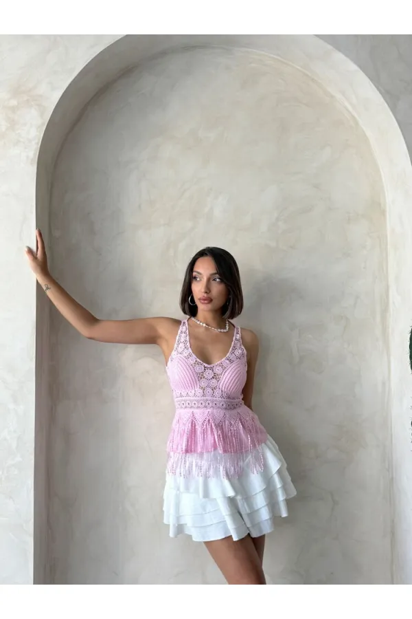 Güpür Detaylı Askılı Toptan Bluz   Pembe | Topshow