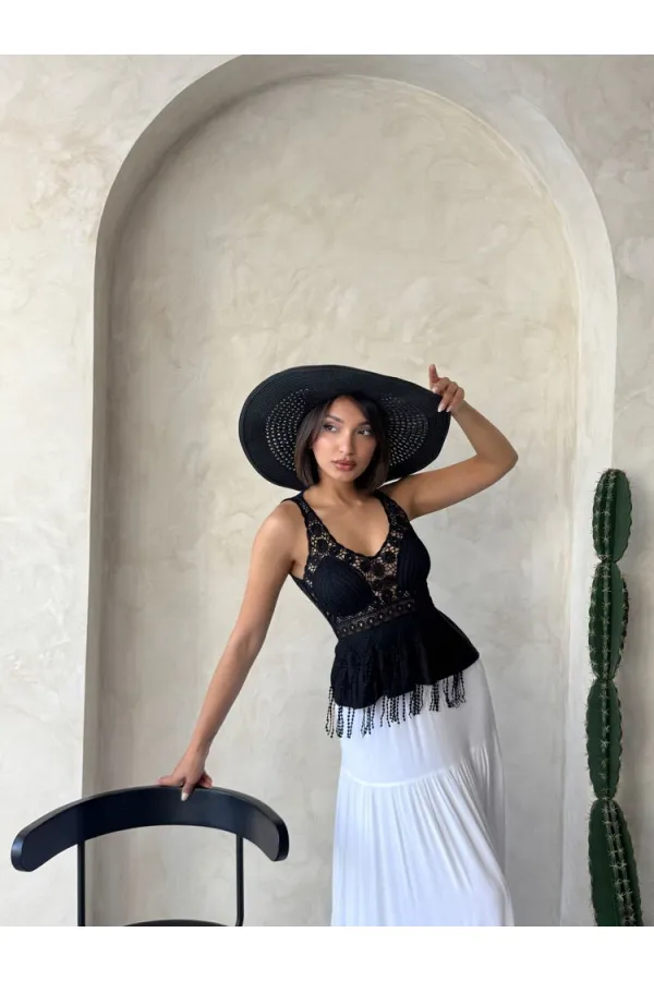 Güpür Detaylı Askılı Toptan Bluz   Siyah | Topshow