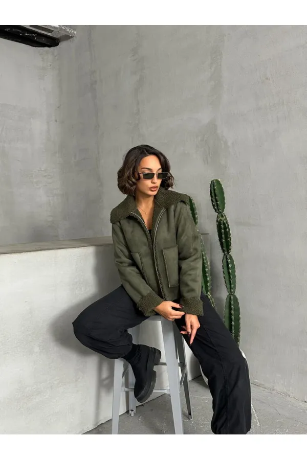 Manteau en peluche suédée F en gros - Kaki | TOPSHOW | F1856