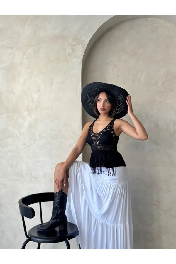 Güpür Detaylı Askılı Toptan Bluz   Siyah | Topshow