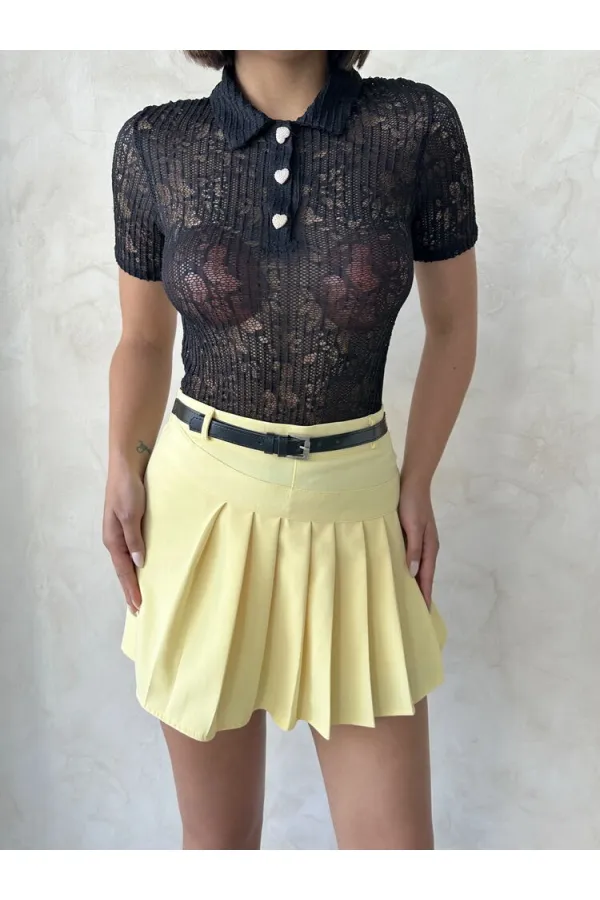 Lace Shirt Collar Blouse - Black Topshow