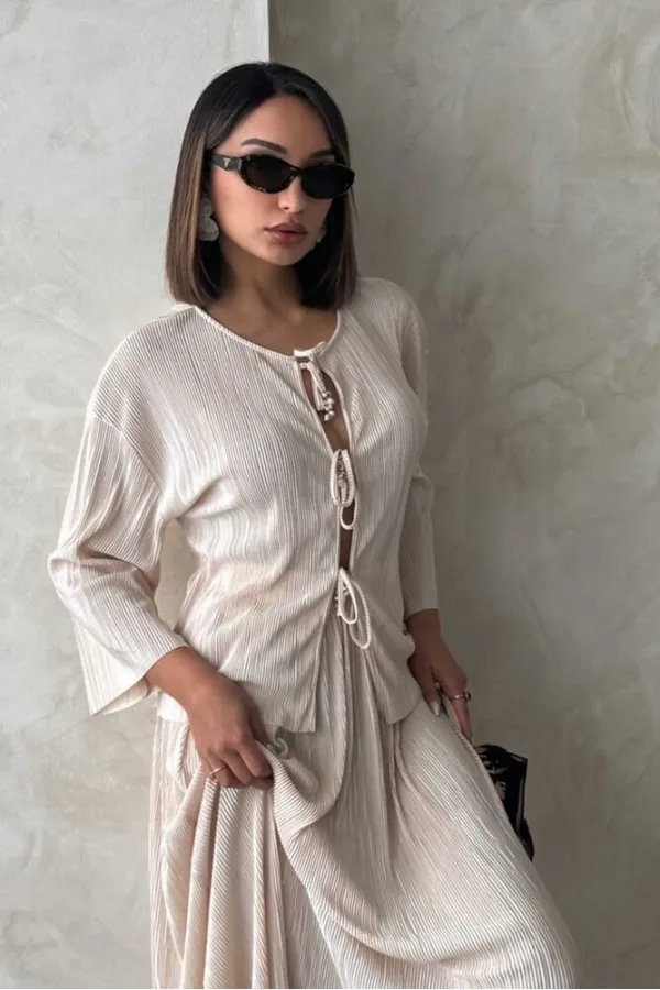 Chemise plissée à nouer sur le devant - Gris pierre | Topshow | F1739