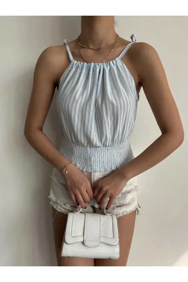 Topshow Blue Tied Neck Wholesale Blouse