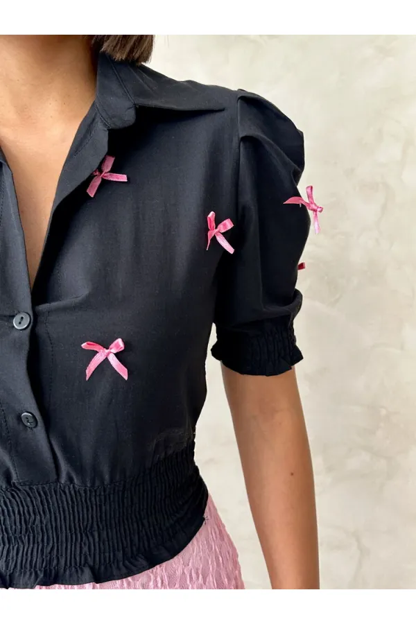 Kol Ucu Toptan Etek Gipeli Düğmeli Toptan Gömlek - Siyah | Topshow