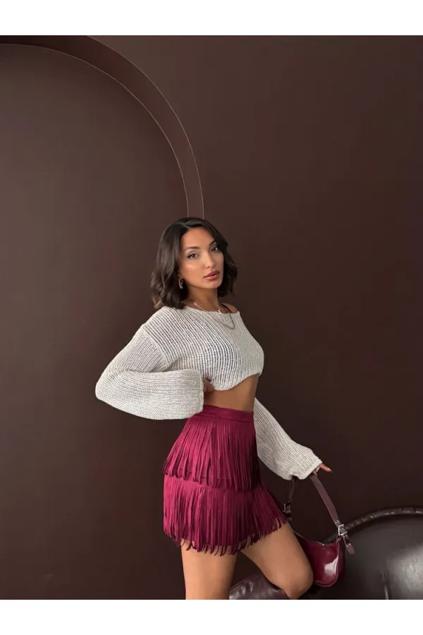 Topshow Tasseled Scuba Suede Skirt - Burgundy | F2030