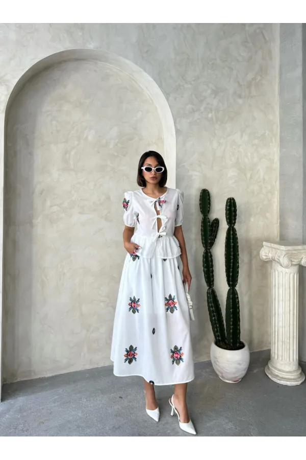 Nakışlı Vual Etek - Krem - D2879 | Topshow