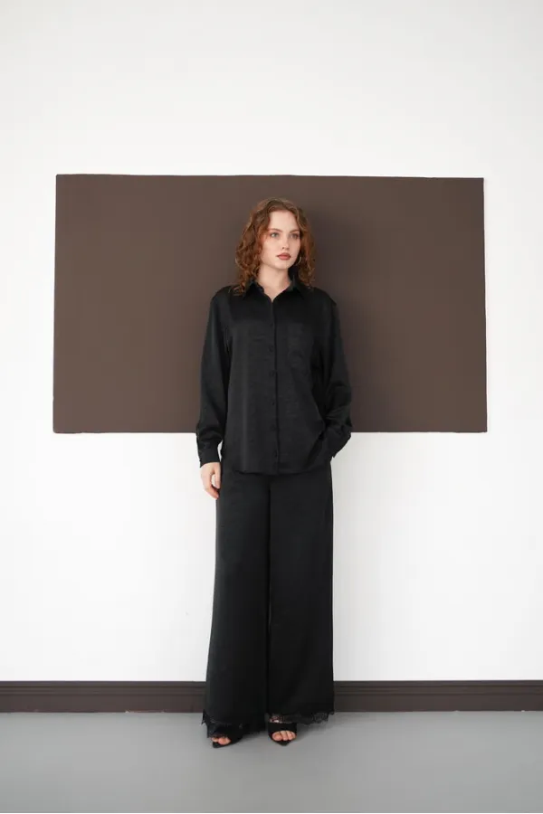 Pleated Hem Lace Up Wholesale Trousers - Black | F2102 - Topshow