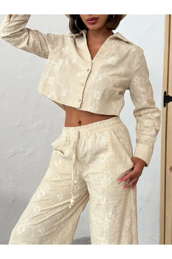 Süzüne Nakışlı Gömlek - Taş | Topshow | F1926