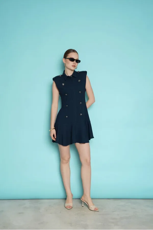 Sleeveless Mini Wholesale Dress with Shoulder Epaulets - Navy Blue | D2974 - Topshow