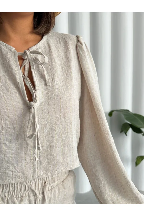 Glitter Striped Front Tie Wholesale Blouse - Stone Gold | TOPSHOW | F1804