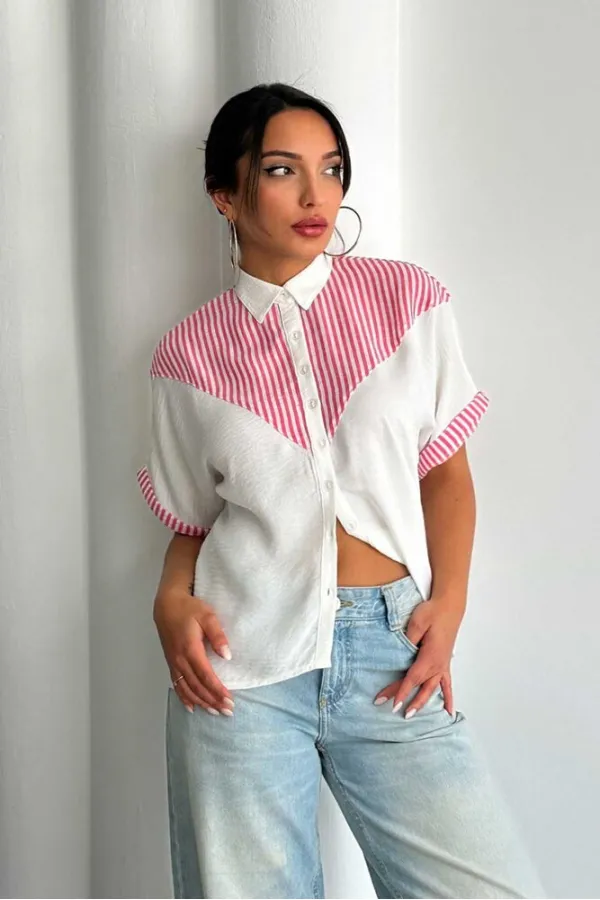 Chemise rayée à détails en gros - Fuchsia | Topshow