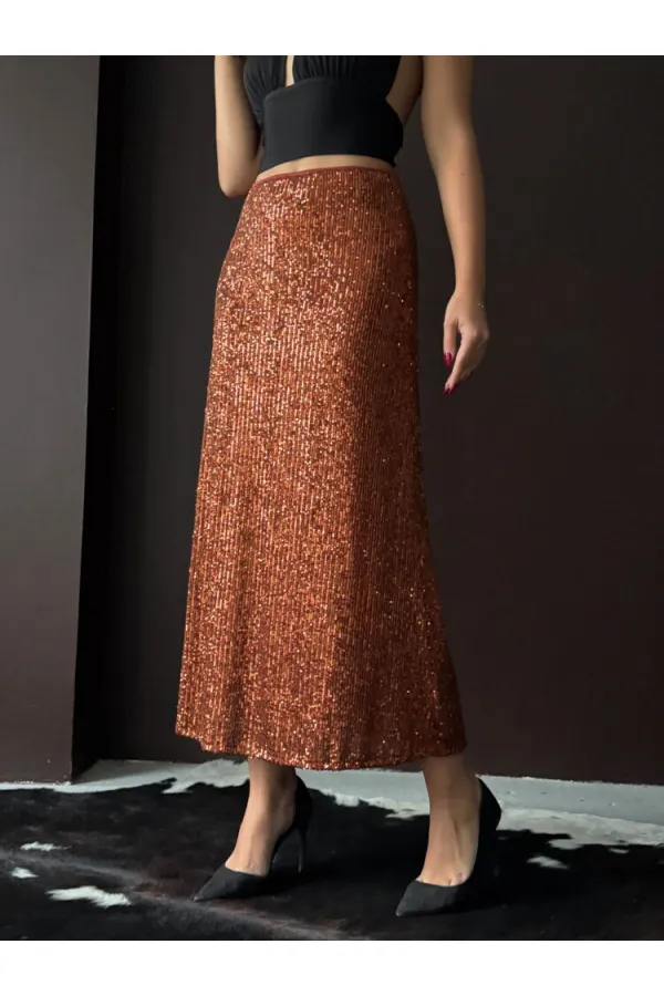 Topshow Brown Sequined Long Skirt - High Waist, Elegant Evening Dress Combination