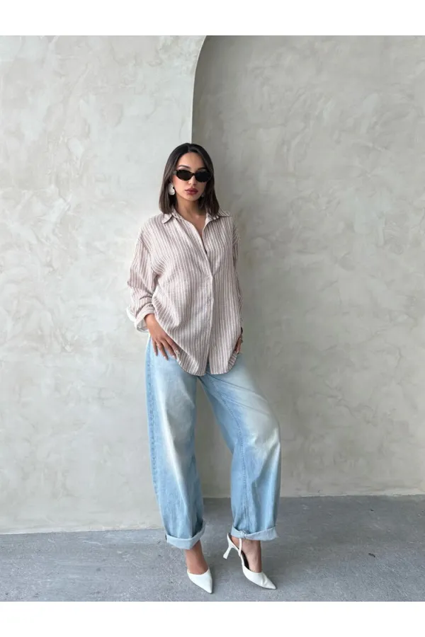 Çizgili Keten Gömlek - Kahve | Topshow | F1917