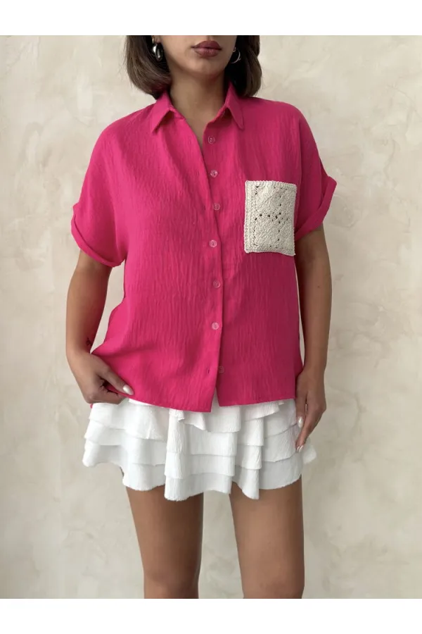 Topshow Fuşya Keten Ham Cep Aplik Cepli Keten Toptan Gömlek
