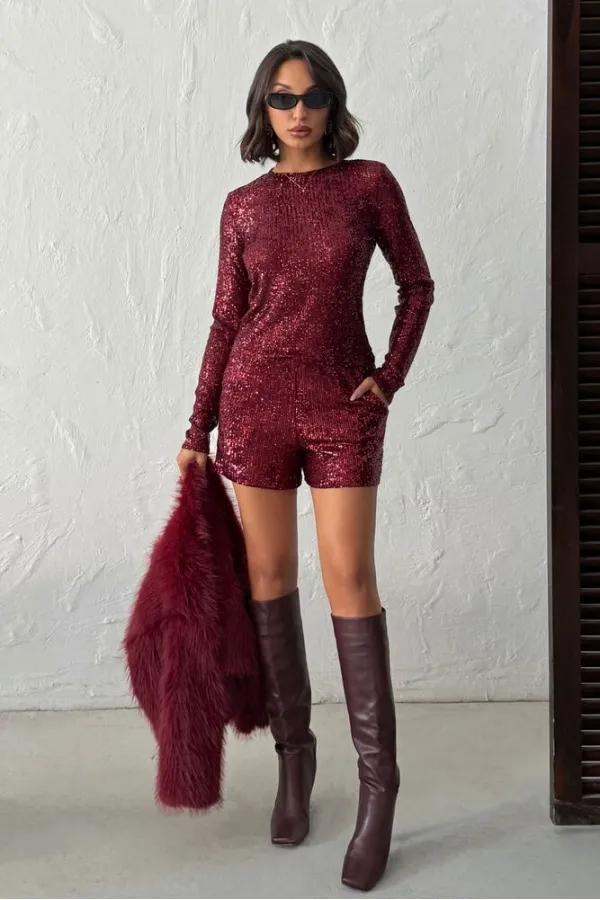 Topshow Sparkly Sequined Shorts - Claret Red