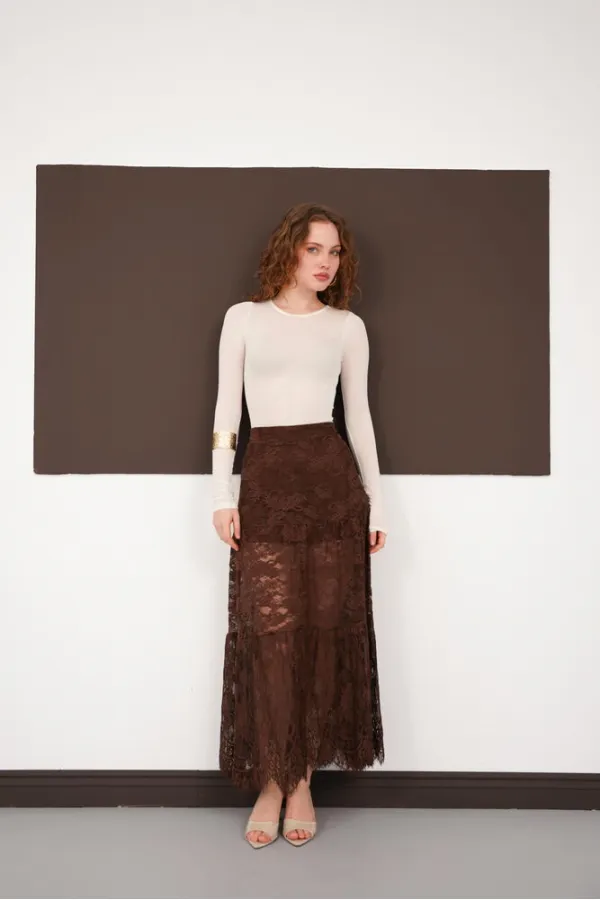 Ruffled Lace Skirt - Brown | F2074 - Topshow