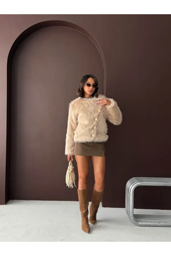 Topshow - Wholesale Rabbit Fur Buttoned Coat - Stone