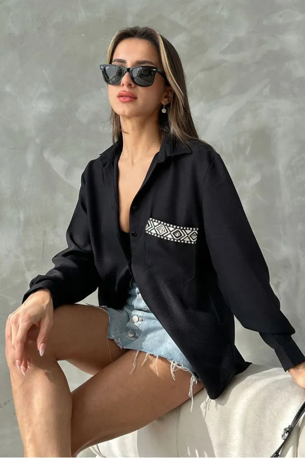 Pocket Detailed Linen Wholesale Shirt - Black | TOPSHOW | F1661
