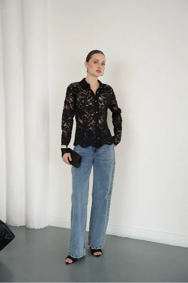 Chemises en dentelle brodée en gros - Noires | F2081 - Topshow