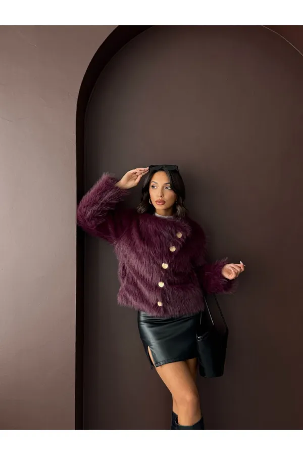 Topshow - Wholesale Rabbit Fur Buttoned Coat - Plum