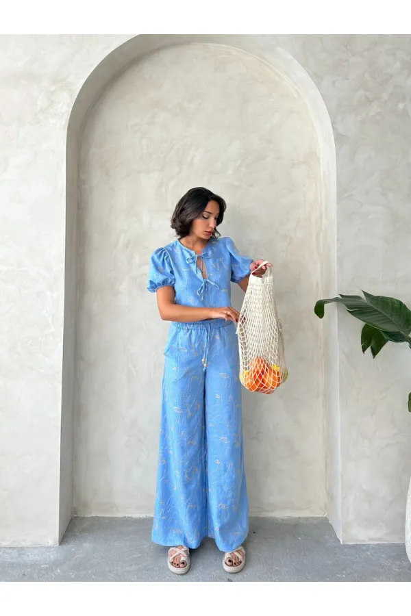 Embroidered Front Tie Wholesale Blouse - Light Blue | Topshow