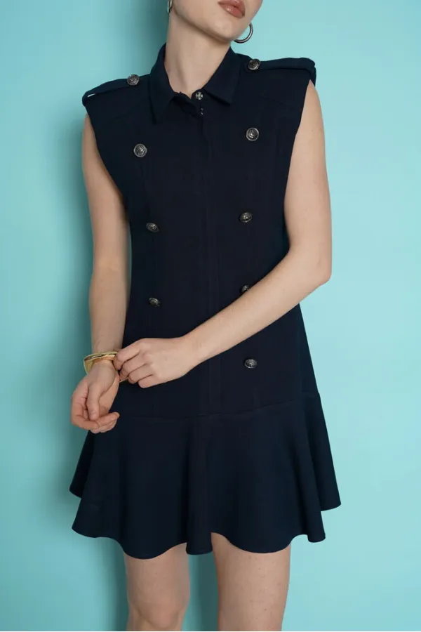 Sleeveless Mini Wholesale Dress with Shoulder Epaulets - Navy Blue | D2974 - Topshow