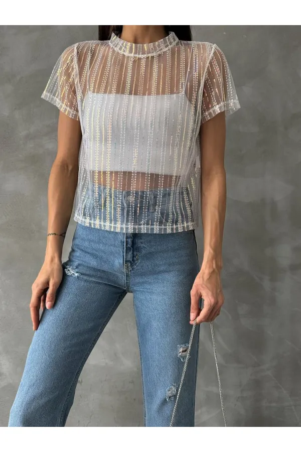 Topshow Krem Pullu Tül Toptan Tişört