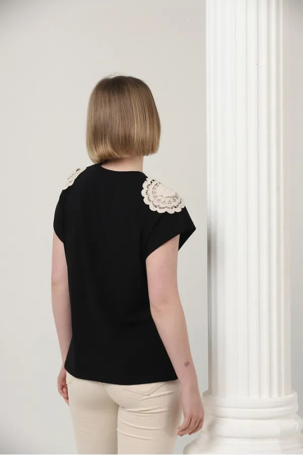 Topshow Siyah Omuzu Dantelli Toptan T-Shirt